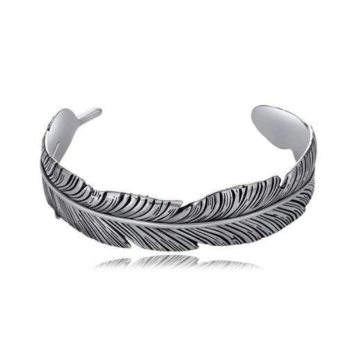 [DJ01B0113-1] Feather Design Open Cuff Bracelet, Polished Stainless Steel Jewelry