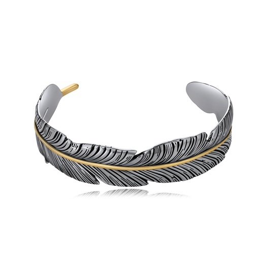 [DJ01B0113-2] Two-Tone Feather Design Cuff Bracelet in Polished Stainless Steel