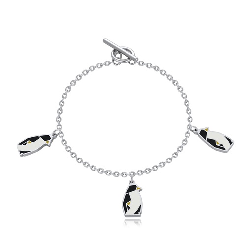 [DJ01B0119] Stainless Steel Bracelet with Enamel Penguin Charms, Geometric Design