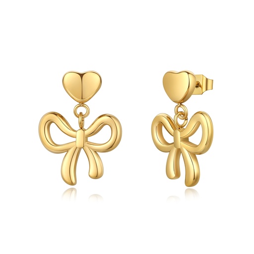 [DJ01E0006] Gold-Plated Heart and Bow Dangle Earrings with Stainless Steel