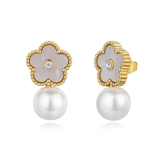 [DJ01E0007-1] Gold Flower Pearl Earrings with Crystal and Stainless Steel Design