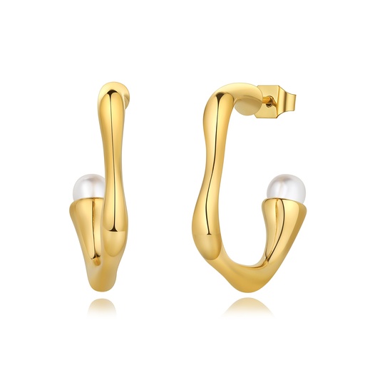 [DJ01E0015] Gold Stainless Steel Hoop Earrings with Pearl Modern Twist