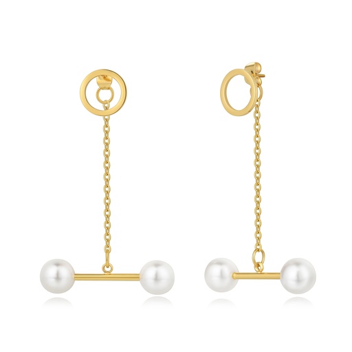 [DJ01E0017] Geometric Chain Dangle Earrings with Imitation Pearls, Gold Stainless Steel
