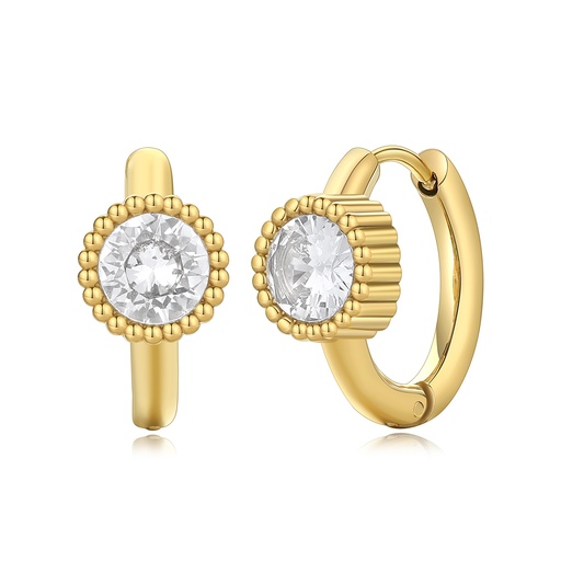 [DJ01E0032] Classic Gold Huggie Earrings with Round Cubic Zirconia Centerpiece