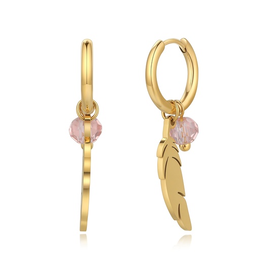 [DJ01E0037] Gold Stainless Steel Feather Earrings with Pink Crystal Charm
