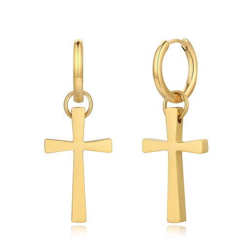 [DJ01E0038] Gold Stainless Steel Hoop Earrings with Simple Cross Charms