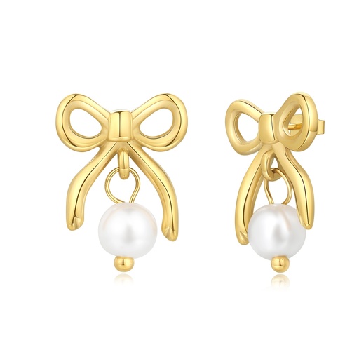 [DJ01E0045] Gold Stainless Steel Bow Earrings with Dangling Pearl Charm