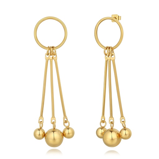 [DJ01E0048-2] Gold Stainless Steel Geometric Dangle Earrings with Polished Ball Charms