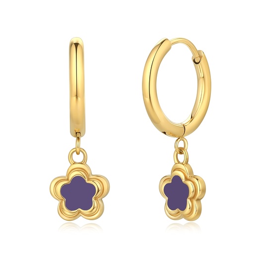 [DJ01E0049] Gold Stainless Steel Hoop Earrings with Purple Enamel Flower Charms