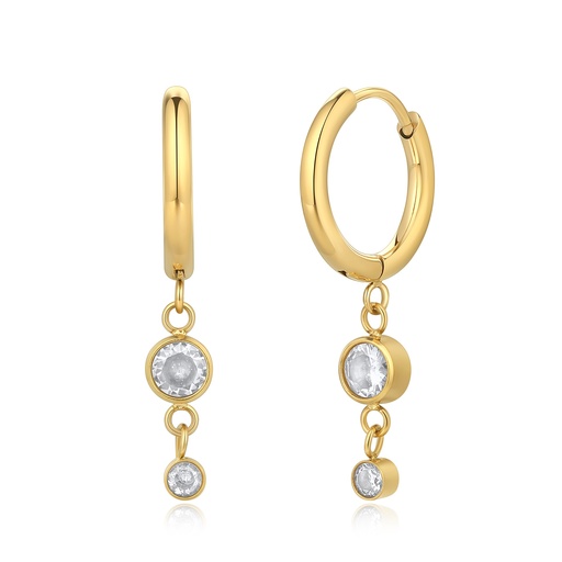 [DJ01E0057] Gold Stainless Steel Hoop Earrings with Double Dangling CZ Charms