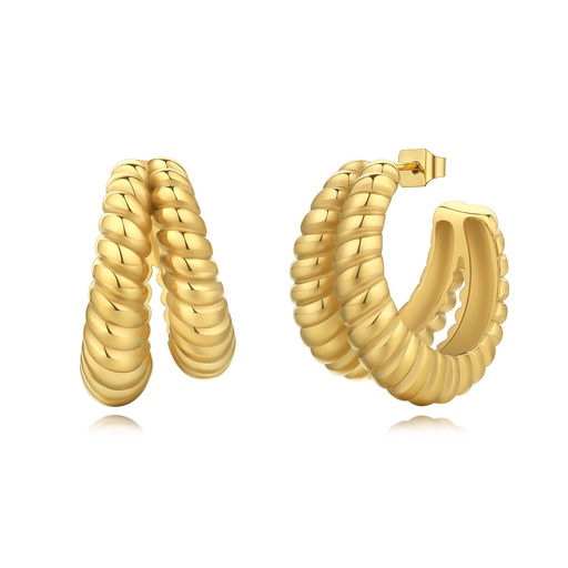 [DJ01E0062] Chunky Gold Stainless Steel Hoop Earrings Twisted Bold Retro Design