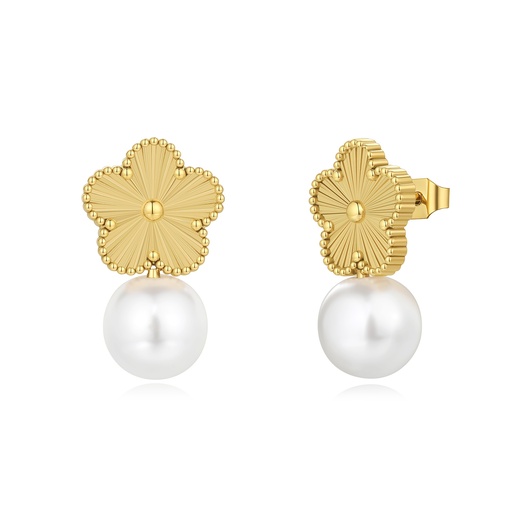 [DJ01E0063] Gold Stainless Steel Floral Pearl Stud Earrings Elegant Vintage Design