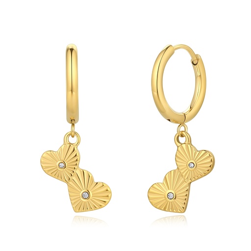 [DJ01E0070] Gold Heart Hoop Earrings with Dangle Charm and Crystals