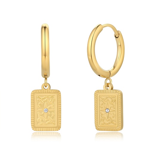 [DJ01E0071] Gold Hoop Earrings with Vintage Rectangle Pendant and Crystal