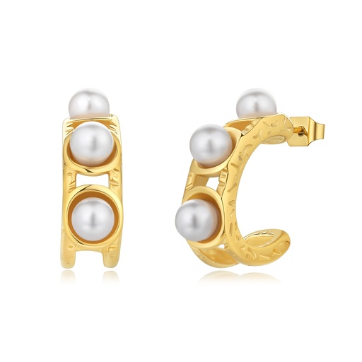 [DJ01E0074] Gold Hoop Earrings with White Pearl Inlays and Engraved Design