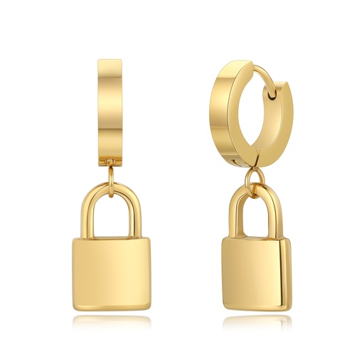 [DJ01E0075] Gold Hoop Earrings with Minimalist Padlock Dangle Charm Design