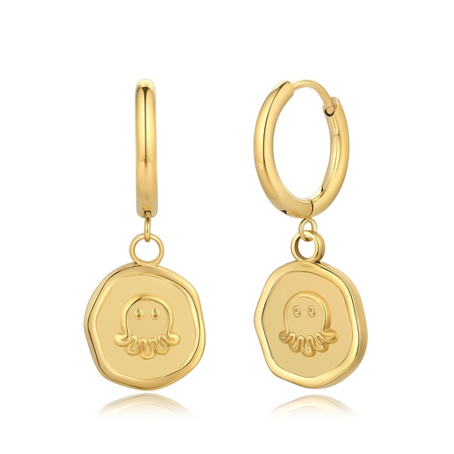 [DJ01E0081] Gold Hoop Earrings with Cute Octopus Coin Charm Design