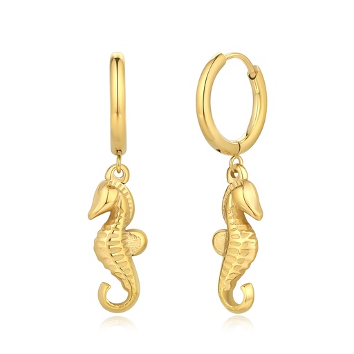 [DJ01E0082] Gold Hoop Earrings with Detailed Seahorse Ocean-Inspired Charms