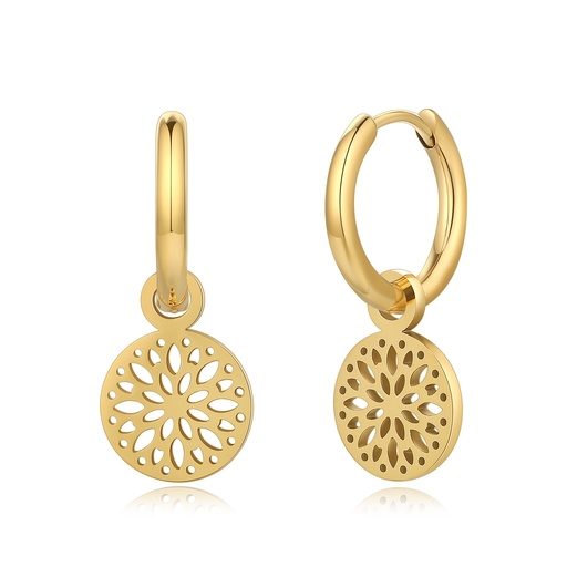[DJ01E0083] Gold Hoop Earrings with Mandala-Inspired Floral Cutout Charms