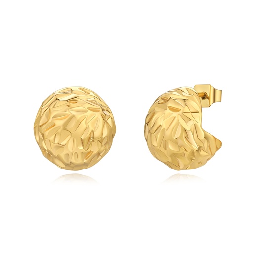 [DJ01E0091] Textured Gold Dome Earrings with Hammered Leaf Design