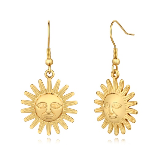 [DJ01E0095] Gold Sun Face Drop Earrings with Boho Artistic Style