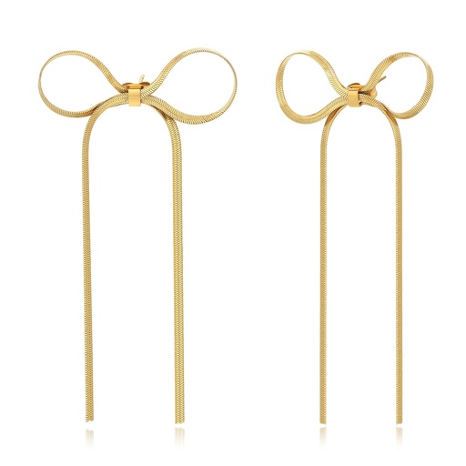 [DJ01E0101] Elegant Gold Stainless Steel Long Ribbon Bow Drop Earrings