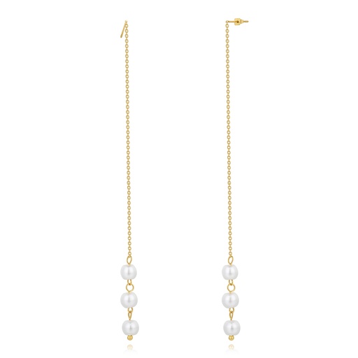 [DJ01E0109] Gold Stainless Steel Long Chain Earrings with Imitation Pearls