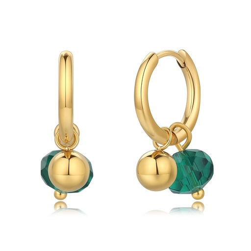 [DJ01E0117] Gold Hoop Earrings with Green Crystal and Ball Charm