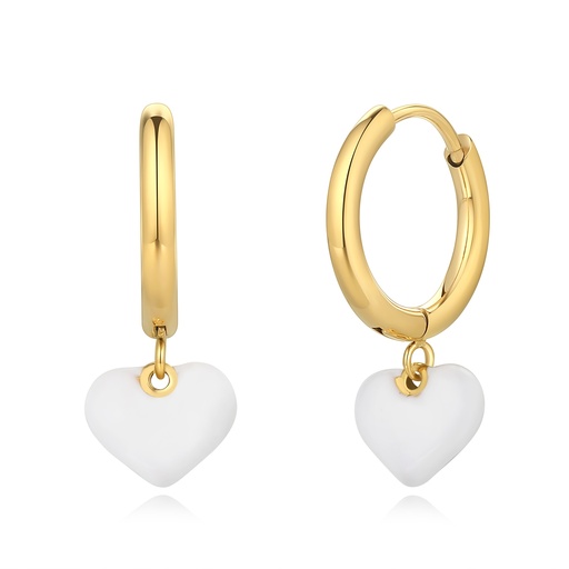 [DJ01E0132] Gold Stainless Steel Hoop Earrings with White Heart Charms