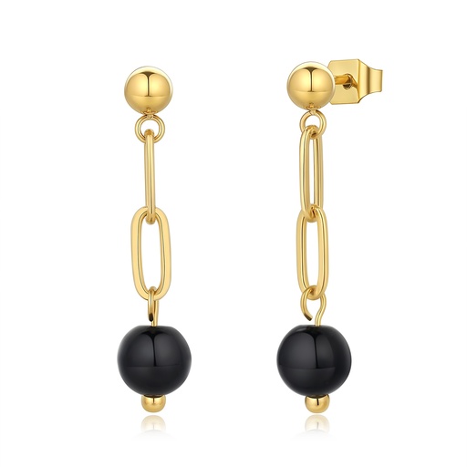 [DJ01E0137] Gold Stainless Steel Drop Earrings with Black Bead Accents