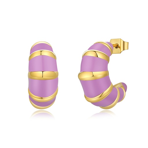 [DJ01E0140] Gold-Plated Stainless Steel Lavender Enamel Bamboo Hoop Earrings