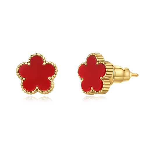 [DJ01E0144-1] Red Clover Stainless Steel Stud Earrings with Gold Beaded Trim