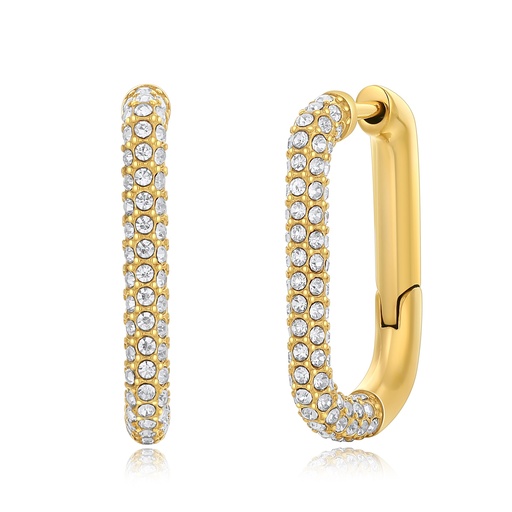 [DJ01E0153-1] Gold Oval Hoop Earrings Stainless Steel with Paved CZ Crystals