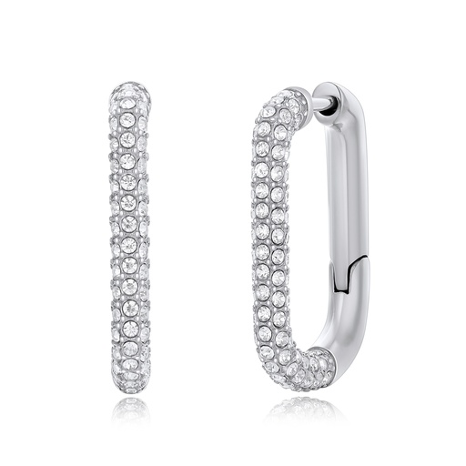 [DJ01E0153-2] Silver Oval Hoop Earrings with Pavé CZ and Stainless Steel