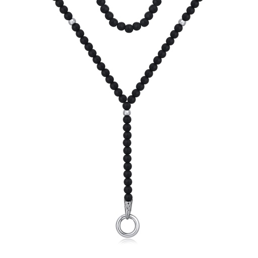 [DJ01N0004-1] Matte Black Bead Necklace with Stainless Steel Ring Pendant