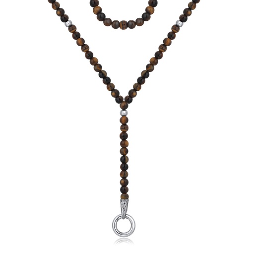 [DJ01N0004-2] Tiger Eye Beaded Necklace with Stainless Steel Ring Pendant