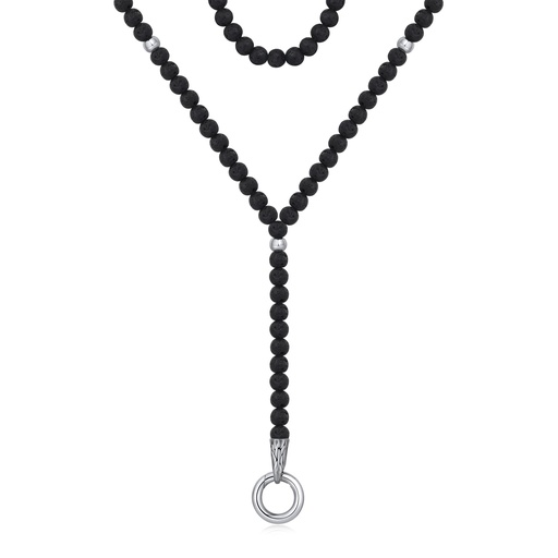 [DJ01N0004-3] Lava Rock Beaded Necklace with Stainless Steel Ring Pendant
