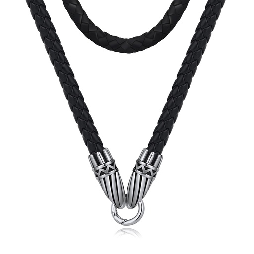 [DJ01N0008] Braided Black Leather Necklace with Stainless Steel Viking Clasp