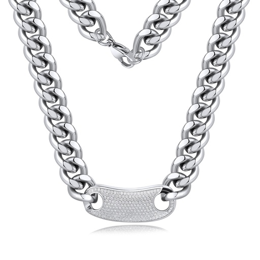 [DJ01N0012] Men’s Stainless Steel Cuban Chain Necklace with Paved Plate