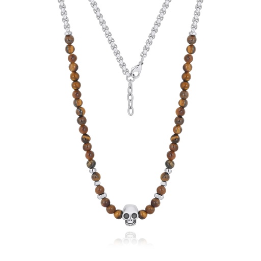 [DJ01N0017] Tiger Eye Beaded Necklace with Skull Pendant Stainless Steel