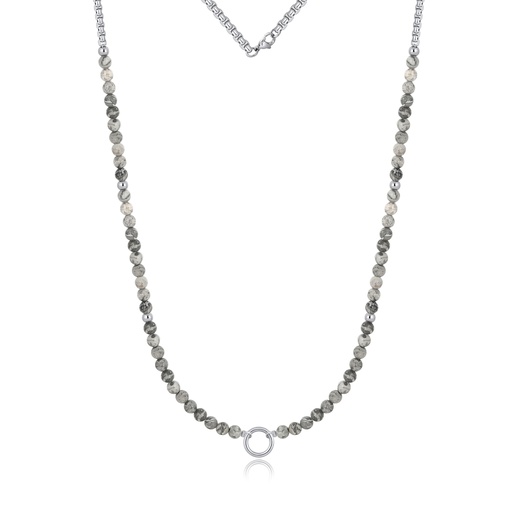[DJ01N0019] Gray Jasper Beaded Necklace with Stainless Steel Ring Accent