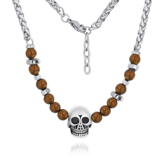 [DJ01N0021] Skull Pendant Tiger Eye Bead Necklace with Stainless Steel Chain