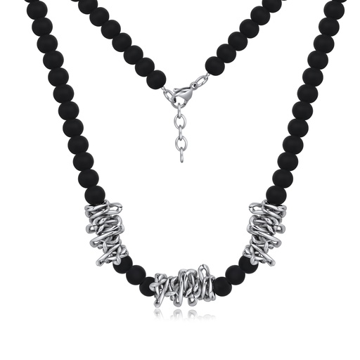 [DJ01N0023] Matte Black Beads Stainless Steel Abstract Chain Accent Necklace