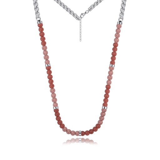 [DJ01N0024-2] Pink Red Lava Beads Stainless Steel Long Chain Necklace
