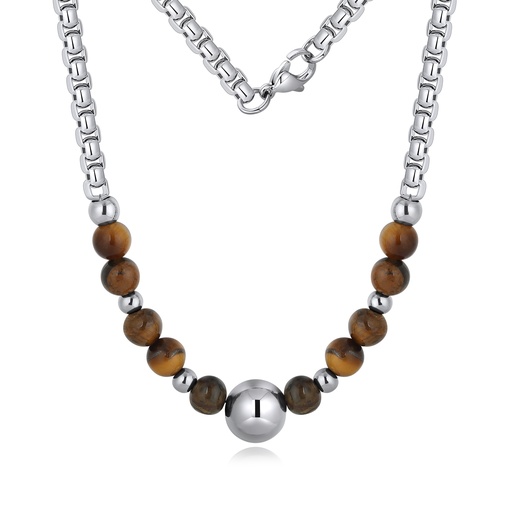 [DJ01N0025] Tiger Eye Beaded Stainless Steel Chain Necklace for Men Women