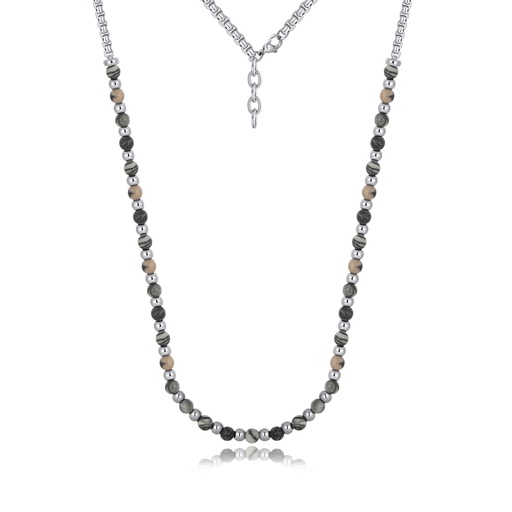 [DJ01N0026-2] Minimalist Stainless Steel Necklace with Hematite and Jasper Beads