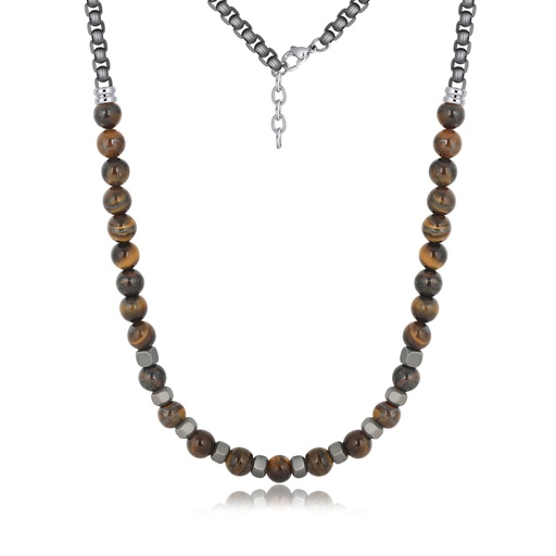 [DJ01N0027] Tiger Eye Hematite Necklace with Gunmetal Stainless Steel Chain