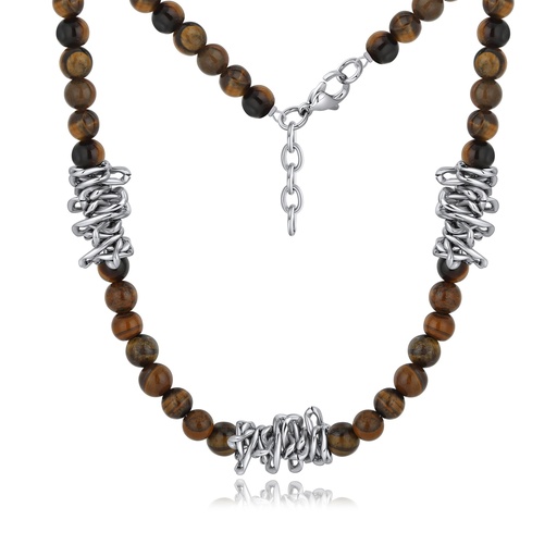 [DJ01N0028] Tiger Eye Beaded Necklace with Abstract Stainless Steel Accents