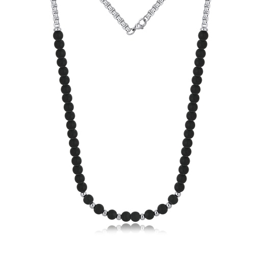 [DJ01N0030] Matte Black Agate Stainless Steel Beaded Minimalist Chain Necklace