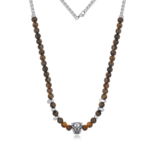 [DJ01N0032] Tiger Eye Beaded Necklace with Stainless Steel Wolf Head Accent
